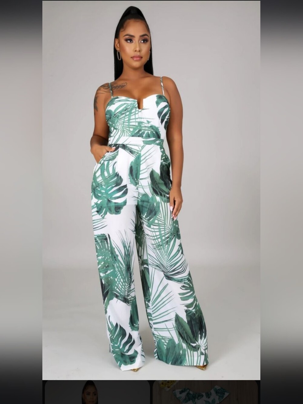 Fashion Nova White Jumpsuit with Green Palm Print